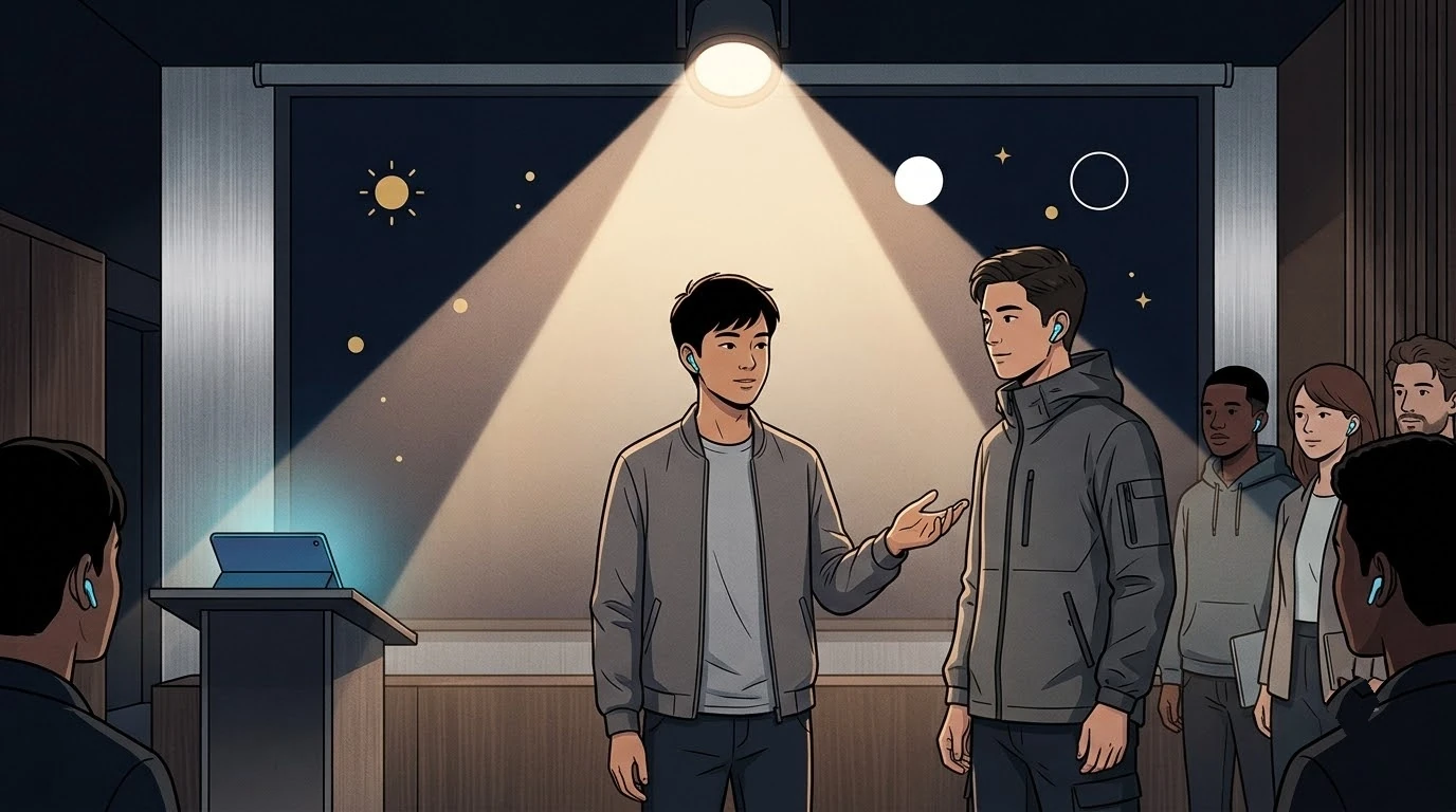 학생 해커톤 무대에서 동남아시아 학생이 자신의 결정적 발견을 발표하면서도 팀 리더와 동료들을 손짓으로 함께 조명 안에 초대합니다.