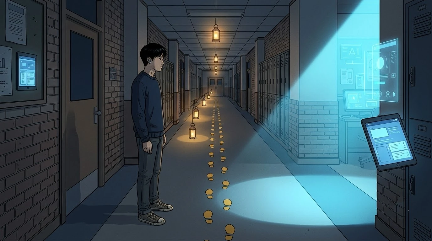 밤의 학교 복도 한쪽에서 브라질 학생은 화려한 빛을 등지지 않지만 그것에 붙잡히지도 않은 채 오래 이어지는 등불 길을 바라봅니다.
