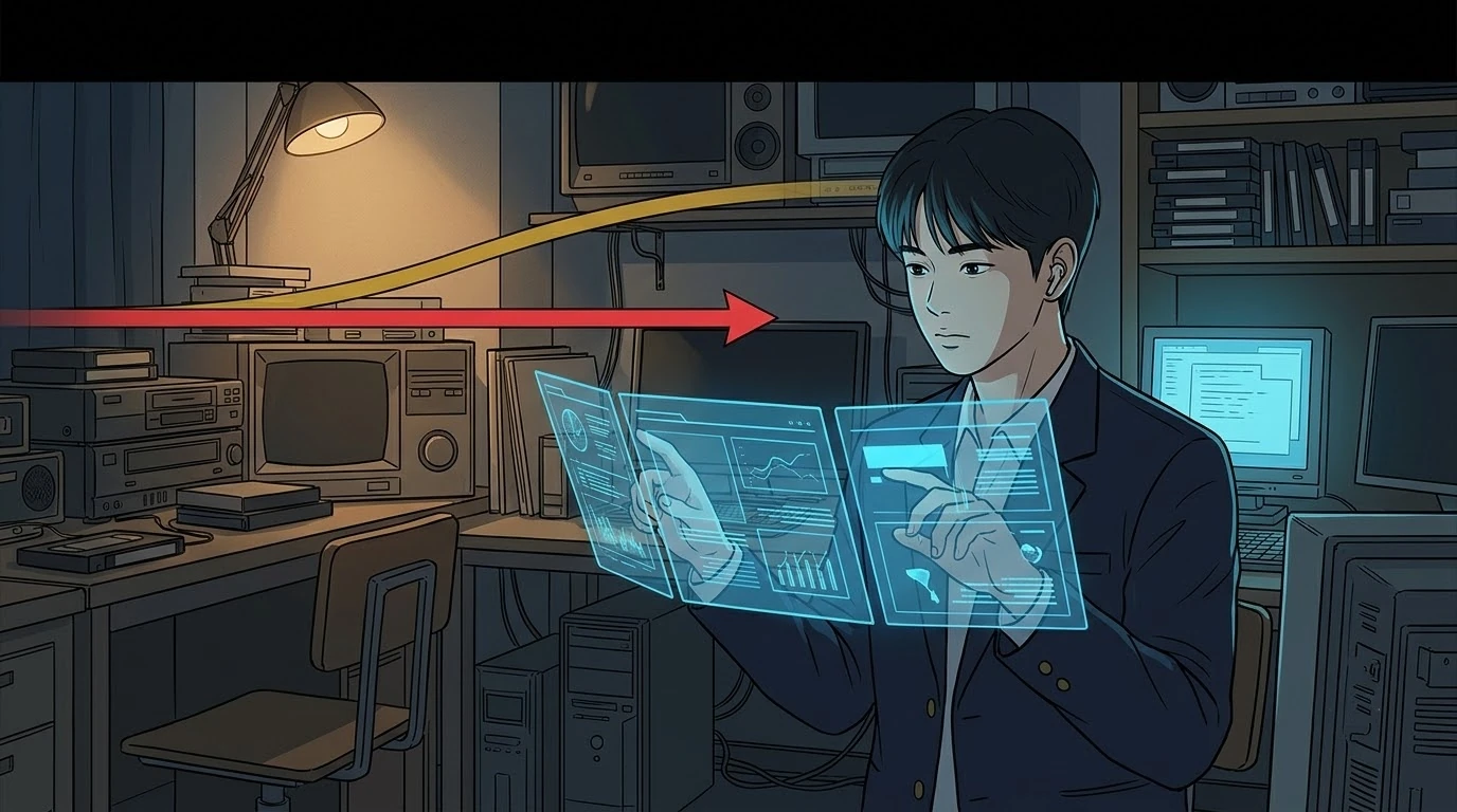 학교 미디어실에서 학생 앞에 자극적인 첫 메시지가 화살처럼 날아오지만, 한국 학생은 즉시 누르지 않고 여러 출처를 보여 주는 투명 패널을 펼칩니다.