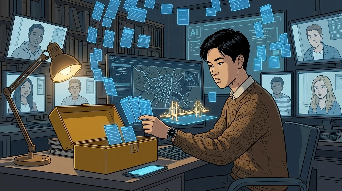 도서관에서 호주 학생 앞에 수많은 정보 카드가 떠 있습니다.