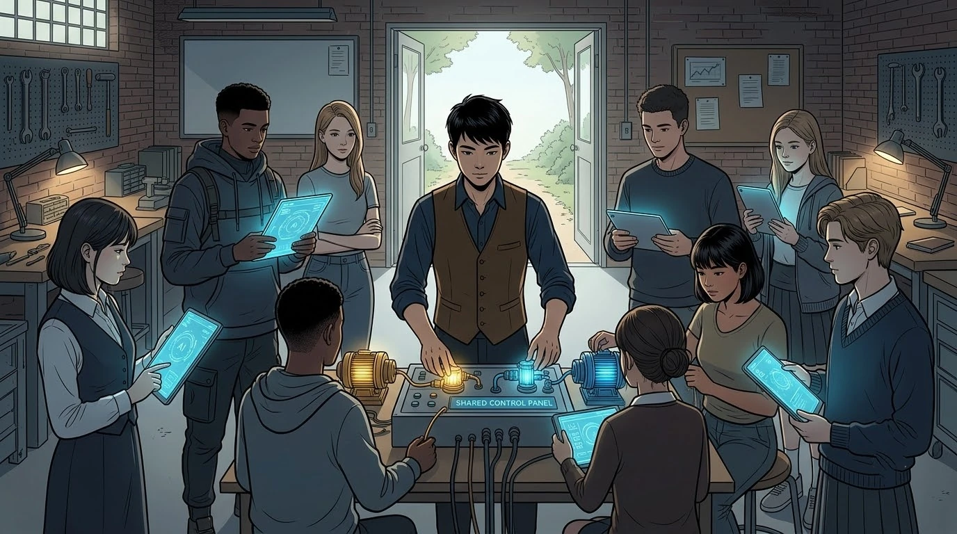 기계 작업실을 닮은 협업실에서 인도네시아 학생은 누구의 약점에도 손대지 않고 각 팀원과 함께 중앙 공동 조종판에 원하는 동력을 연결합니다.