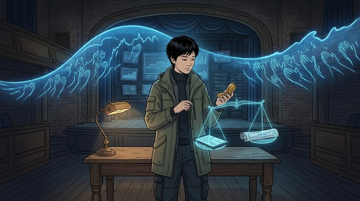 극장에서 한 뉴질랜드 학생은 군중을 업신여기지 않고 중앙의 작은 나침반과 투명 저울로 출처, 완성도, 영향을 차분히 비교합니다.