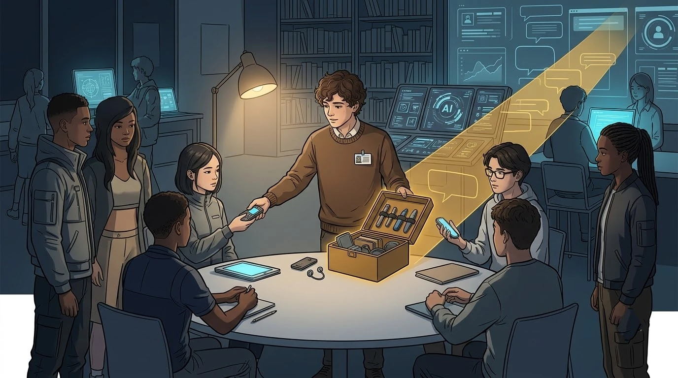 학교 도서관에서 덴마크 학생이 중앙 권한 패널을 독점하지 않고 번역 도구, 접근성 자료, 발언 시간을 다양한 학생에게 공정하게 나눕니다.