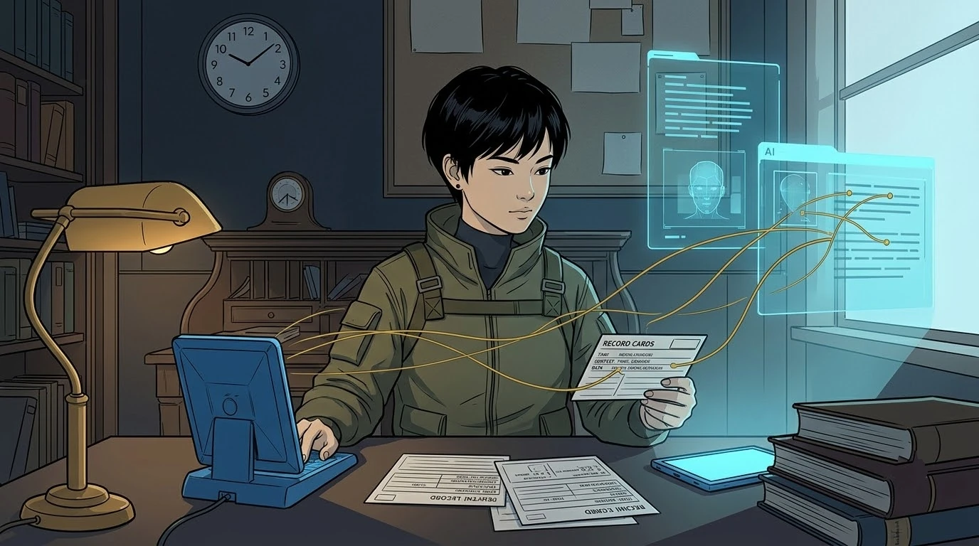 탐정 서재에서 한 브라질 학생이 얼굴을 등급화하는 스캐너를 끄고, 시간·맥락·행동을 담은 중립적 기록 카드들을 검토합니다.