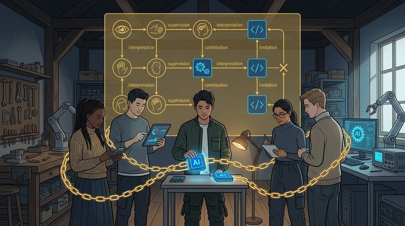 장인 공방에서 인도네시아 학생이 AI 모듈과 부품을 작은 검증대에서 시험합니다.
