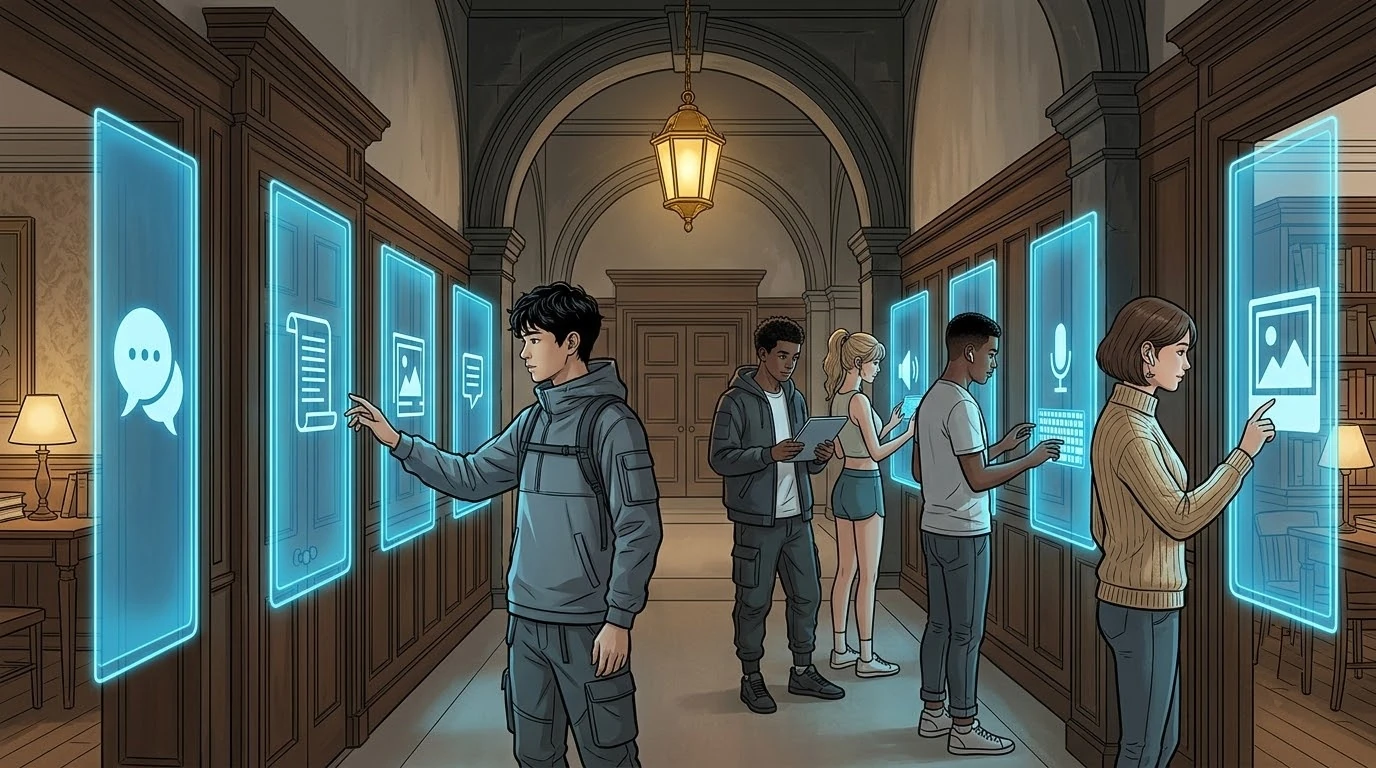 회랑에서 일본 학생이 말·글·그림·자막으로 표시된 여러 문을 팀원들과 함께 선택합니다.