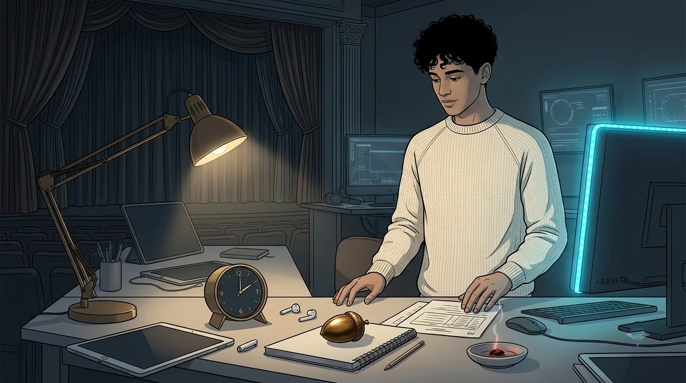 극장 무대에서 발표를 마친 프랑스 학생이 화려한 조명을 끄고 작업 기록을 정리합니다.