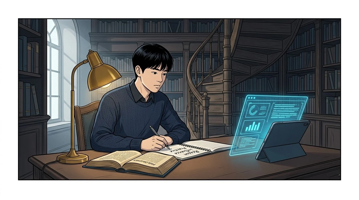 렘브란트 조명의 도서관에서 한국 학생이 답변 화면 옆에 근거·영향·실천이라는 질문을 적습니다.