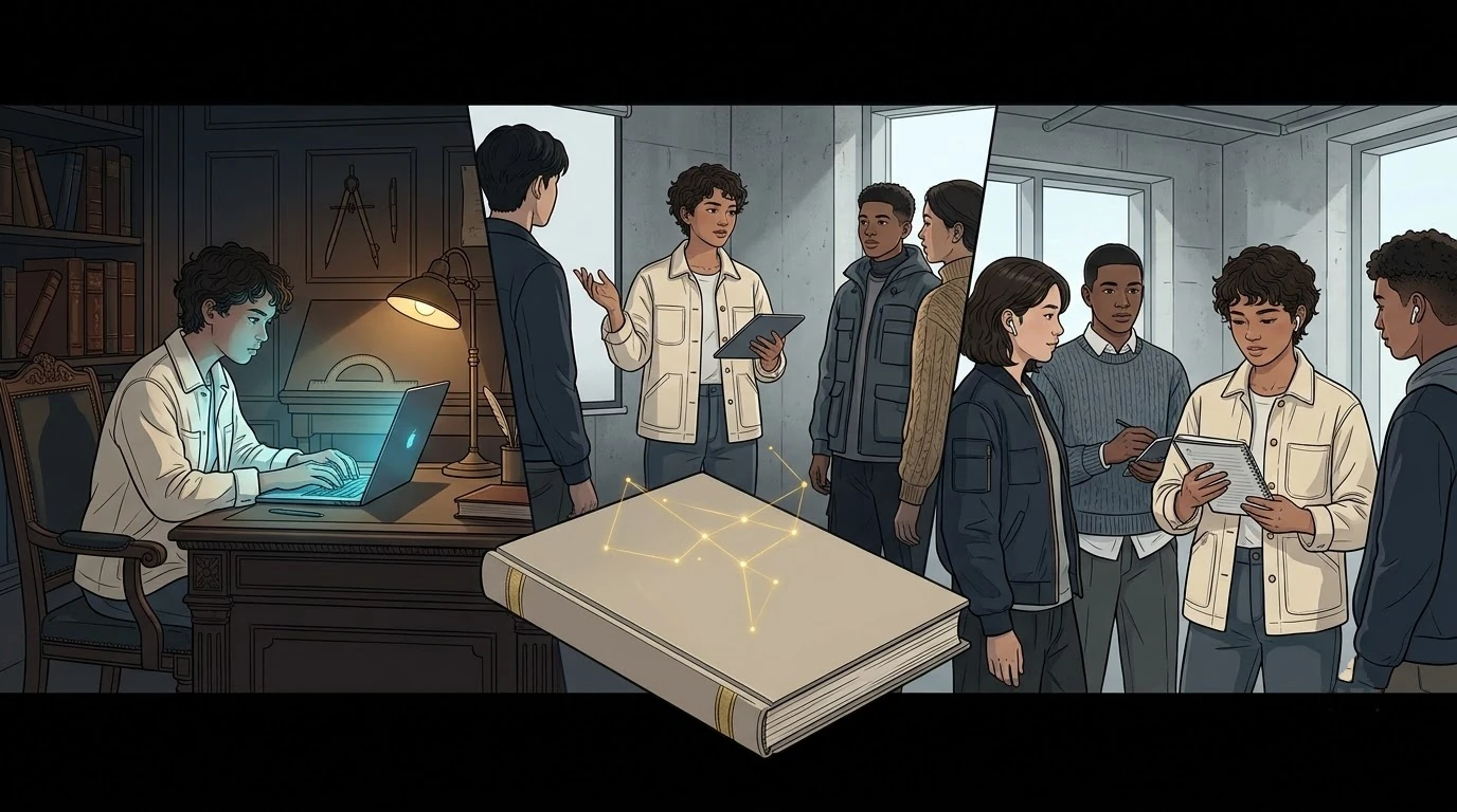 길드 공방에서 스웨덴 학생이 코딩·발표·팀 조정의 세 문을 차례로 체험합니다.
