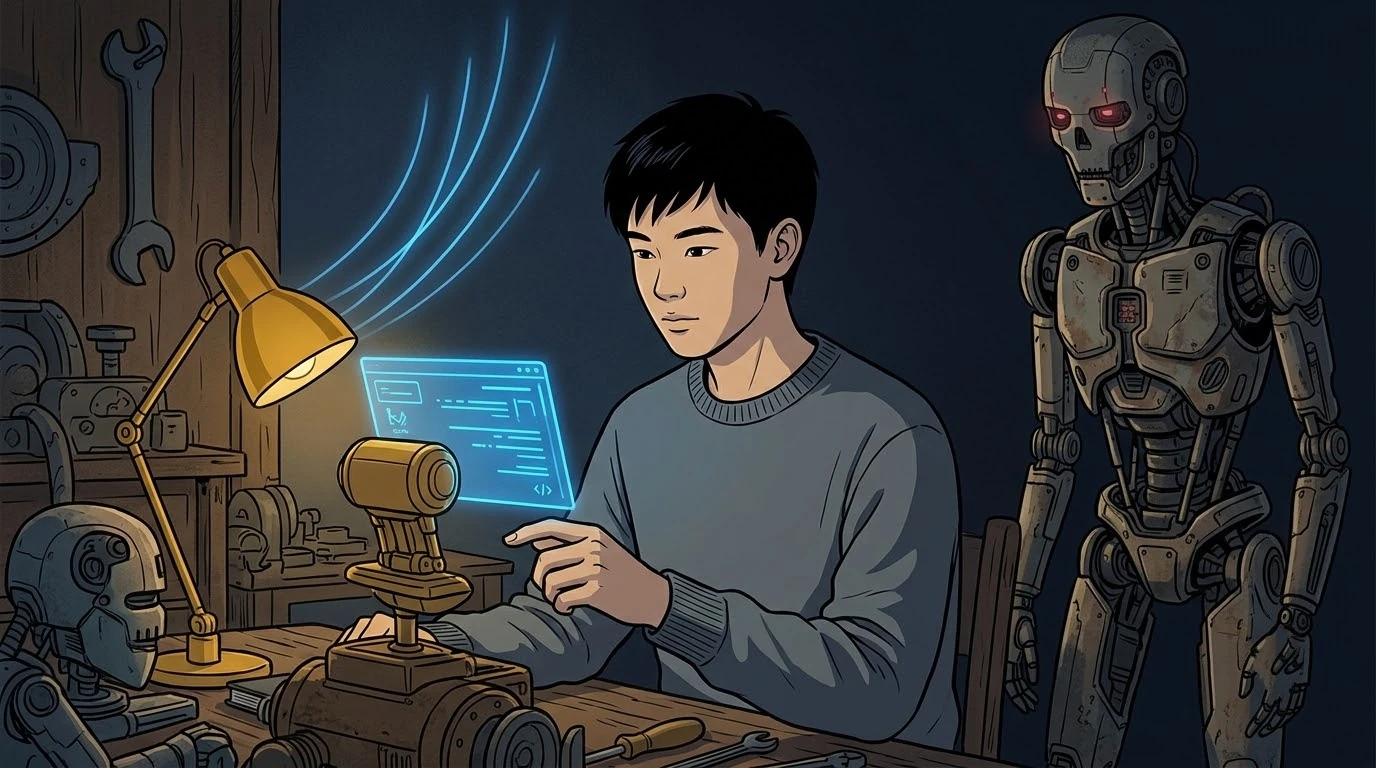 발명 공방에서 체코 학생이 수상작 옆 피드백 창을 차분히 읽습니다.
