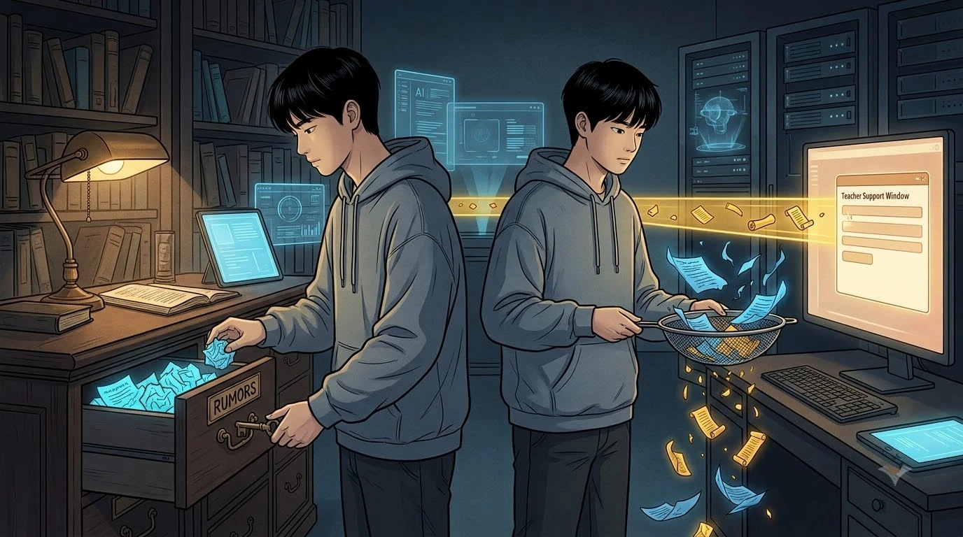 기록실에서 브라질 학생이 자극적인 소문 목록을 잠긴 서랍에 넣고 사실·추측·피해 정보를 체로 구분합니다.