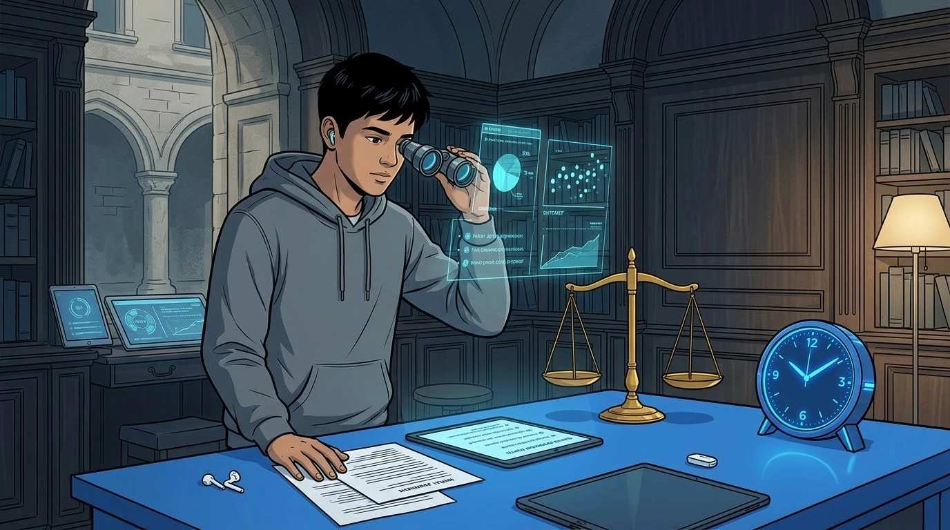 법정 서재에서 인도 학생이 첫 판단을 검토대에 놓고 새 근거와 영향을 두 번째 렌즈로 살핍니다.