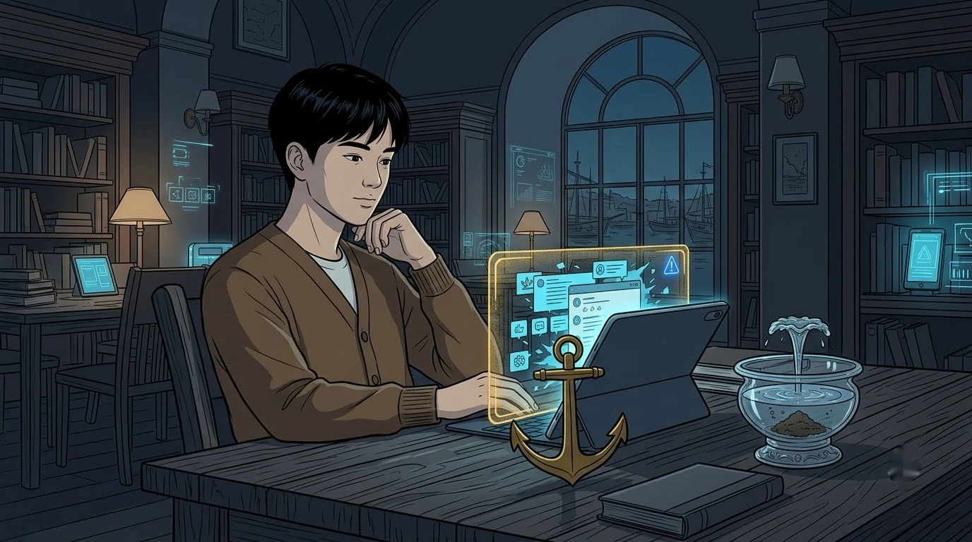 항구 서재에서 페루 학생이 격렬한 댓글 폭풍에 즉시 답하지 않고 닻 모양 타이머를 놓습니다.
