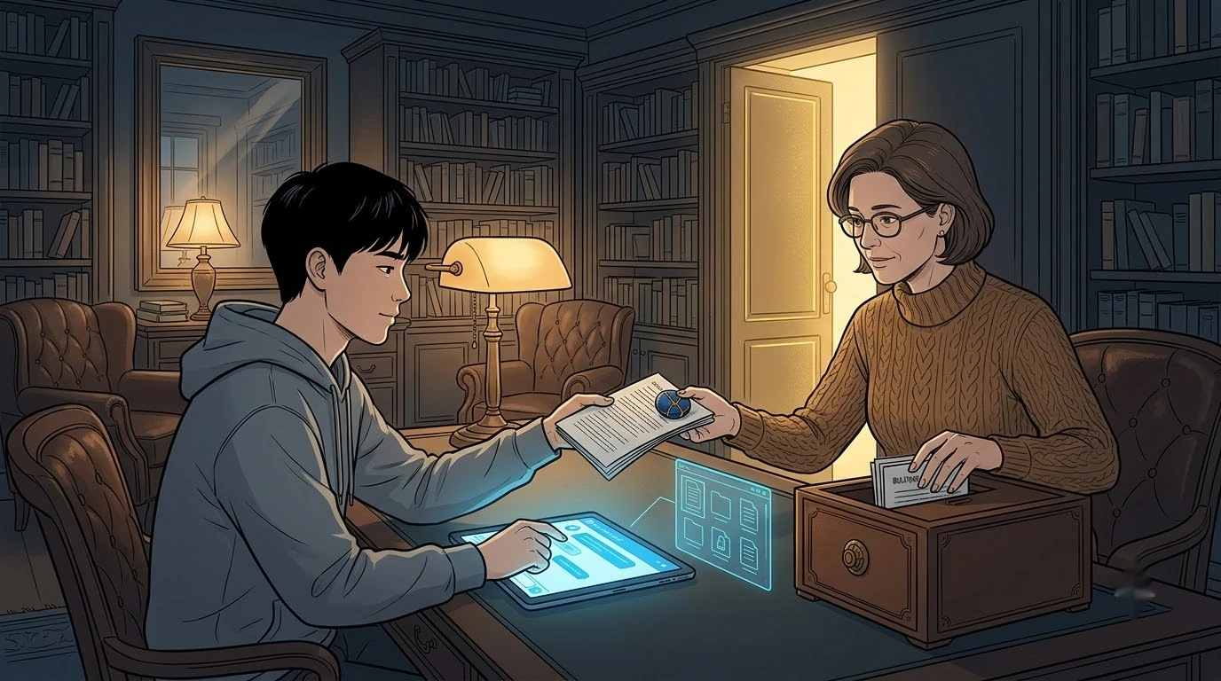 상담 서재에서 한국 학생이 자극적인 공개 대화창을 닫고 괴롭힘 기록과 금이 간 마음 구슬을 상담자에게 보여 줍니다.