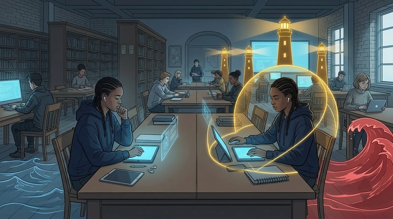 항구 도서관에서 나이지리아 학생이 작은 파도는 숨을 고르며 보내고 위험한 파도 앞에는 경계선과 도움 등대를 켭니다.