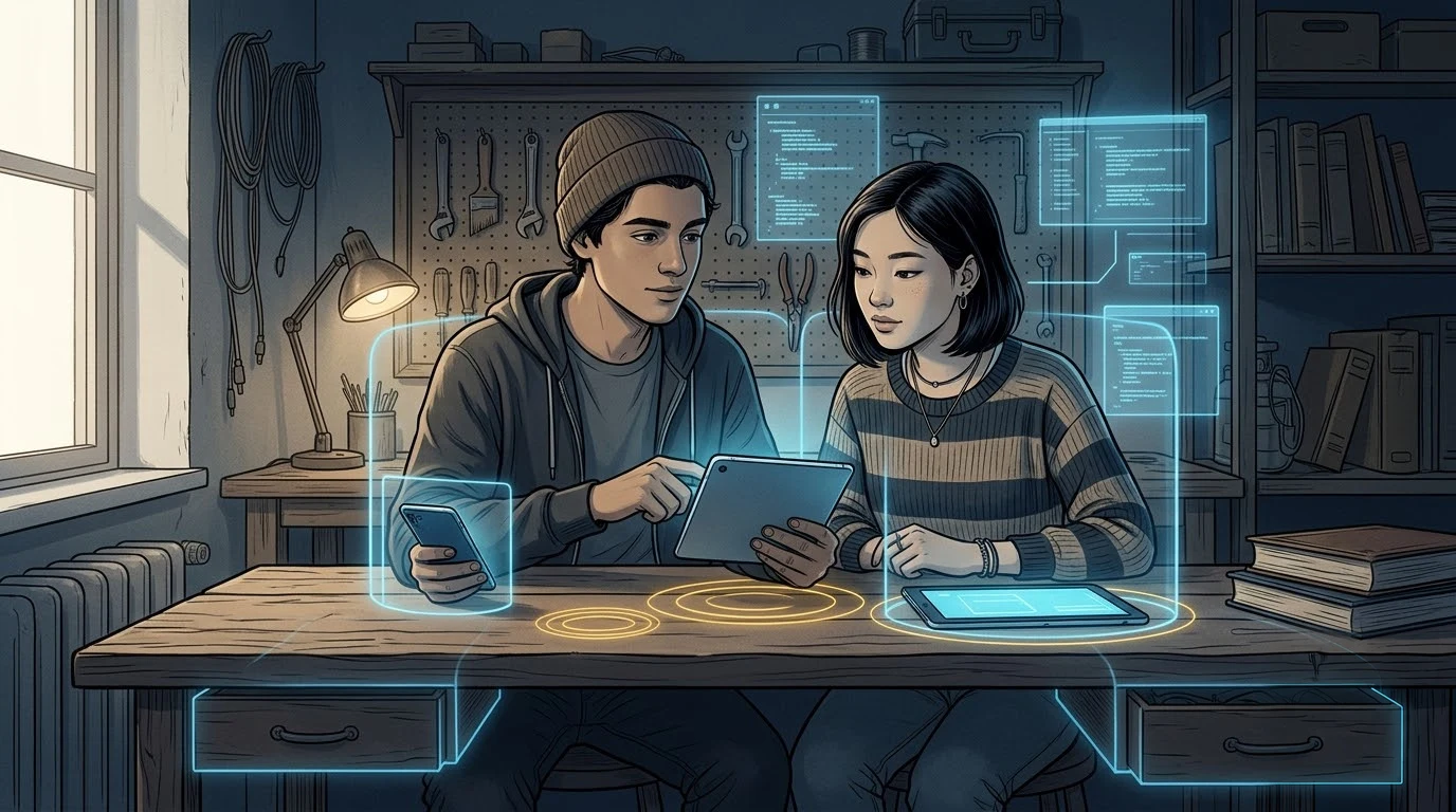 공방에서 캐나다 학생과 프랑스 학생이 열린 공동 작업대에 앉되 개인 기기와 서랍 둘레의 투명 경계선을 존중합니다.