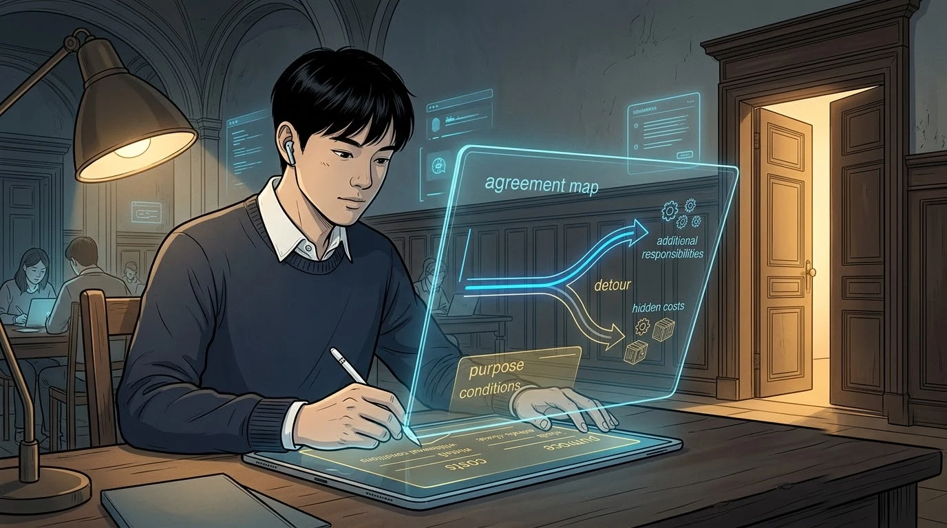 상인 회관에서 스웨덴 학생이 첫 제안 뒤에 숨은 우회 경로와 추가 책임을 발견합니다.