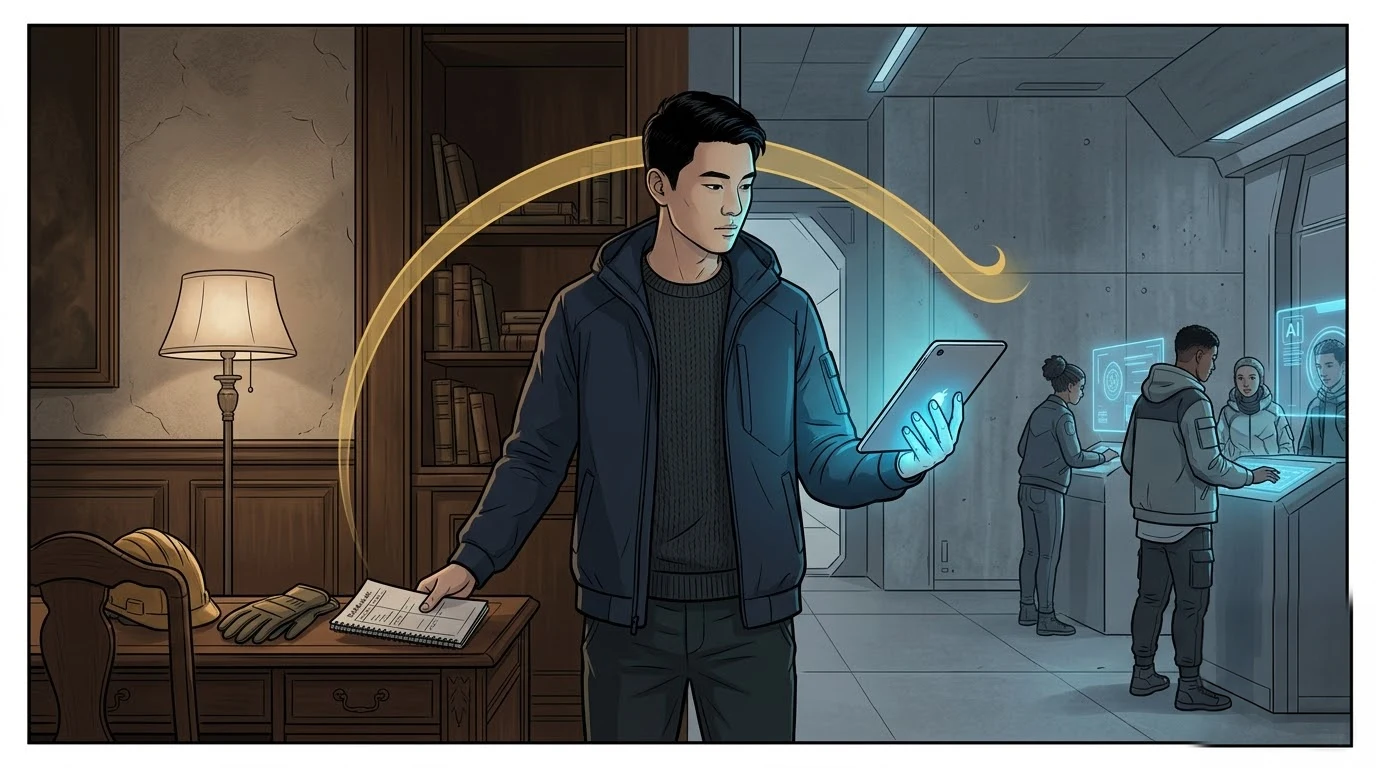 명상실에서 노르웨이 학생의 한 손에는 성찰의 빛이, 다른 손에는 계획표와 안전 도구가 놓입니다.