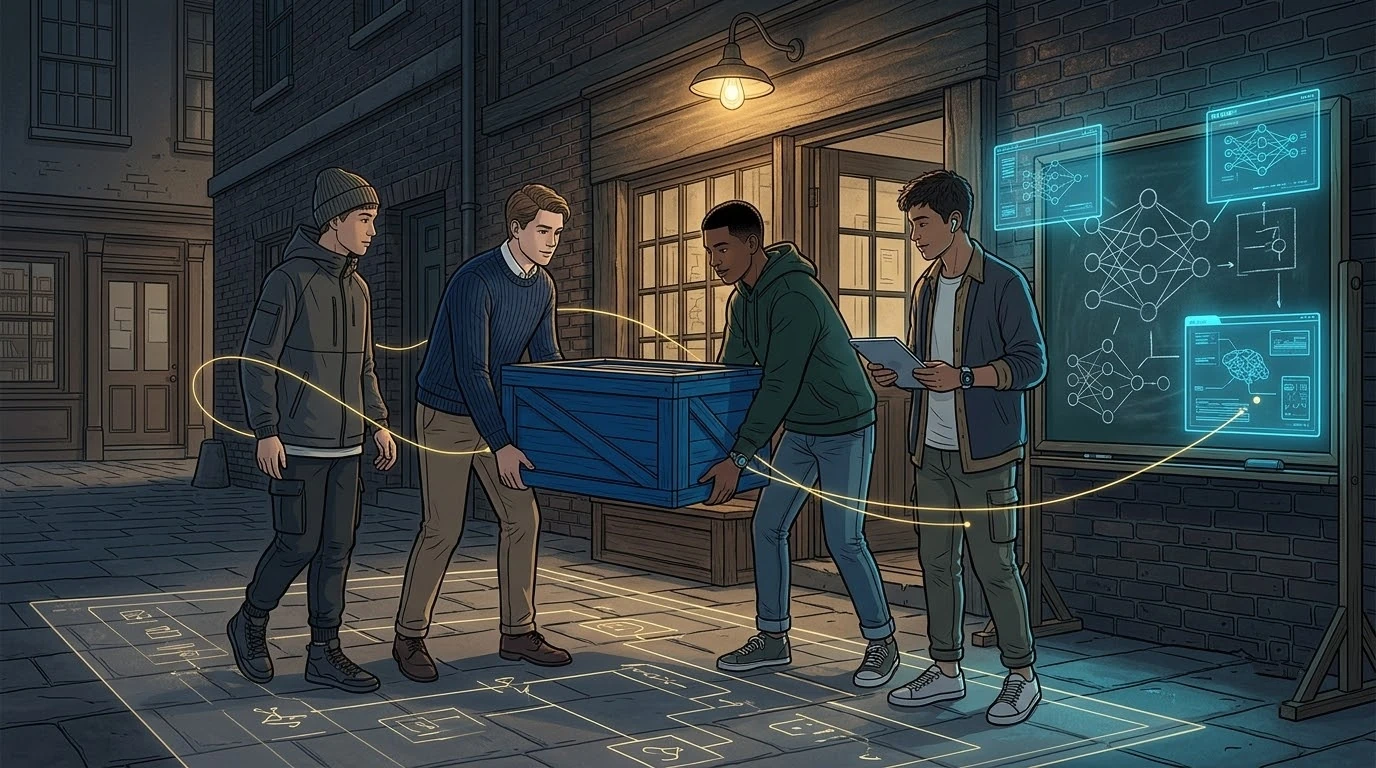 작업실 AI 프로젝트 보드 앞에서 남아프리카 학생이 무거운 상자를 함께 듭니다.