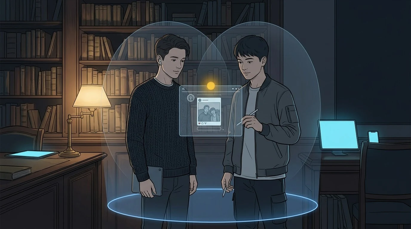 서재에서 페루 학생과 캐나다 학생이 연결된 원 안에 서되 각자의 투명한 개인 공간을 지킵니다.