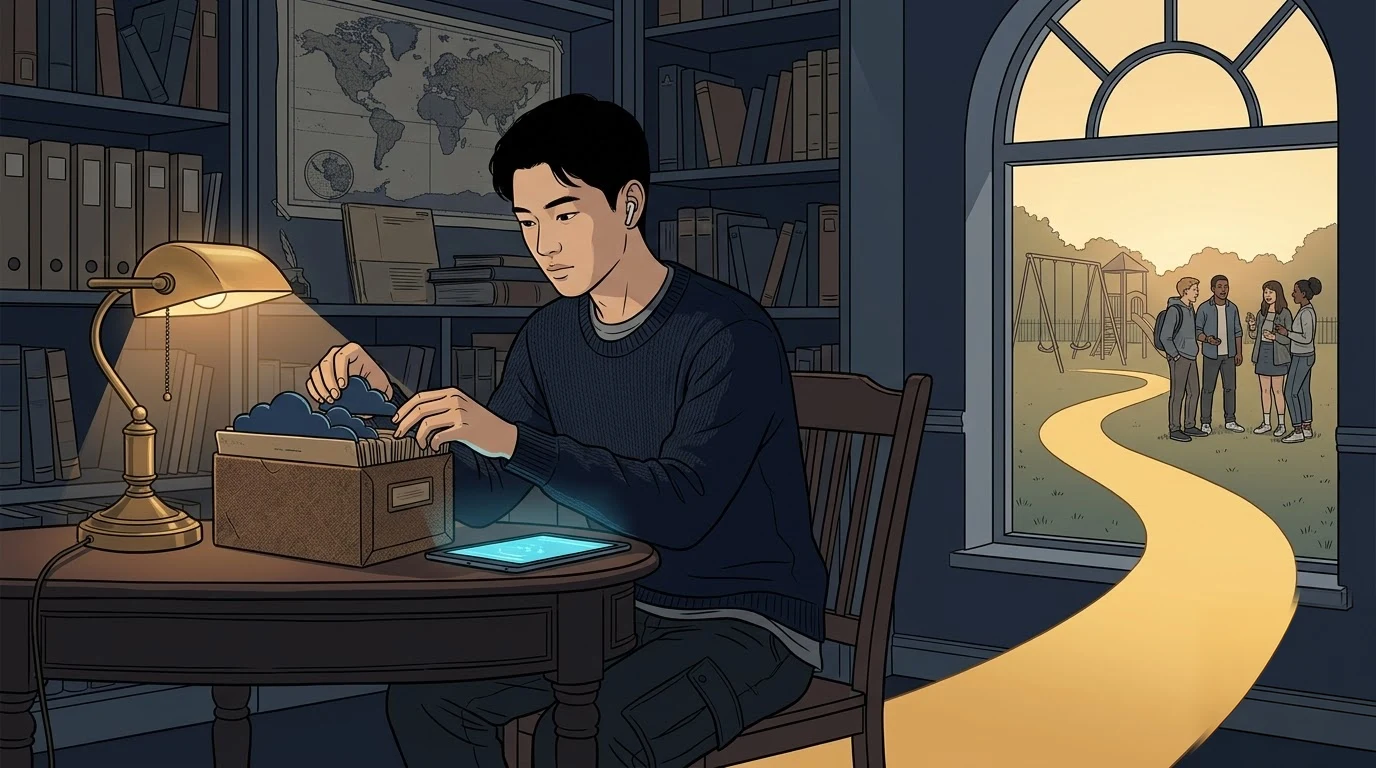 기록실에서 스웨덴 학생이 어두운 기억 구름을 안전한 기록함에 정리합니다.