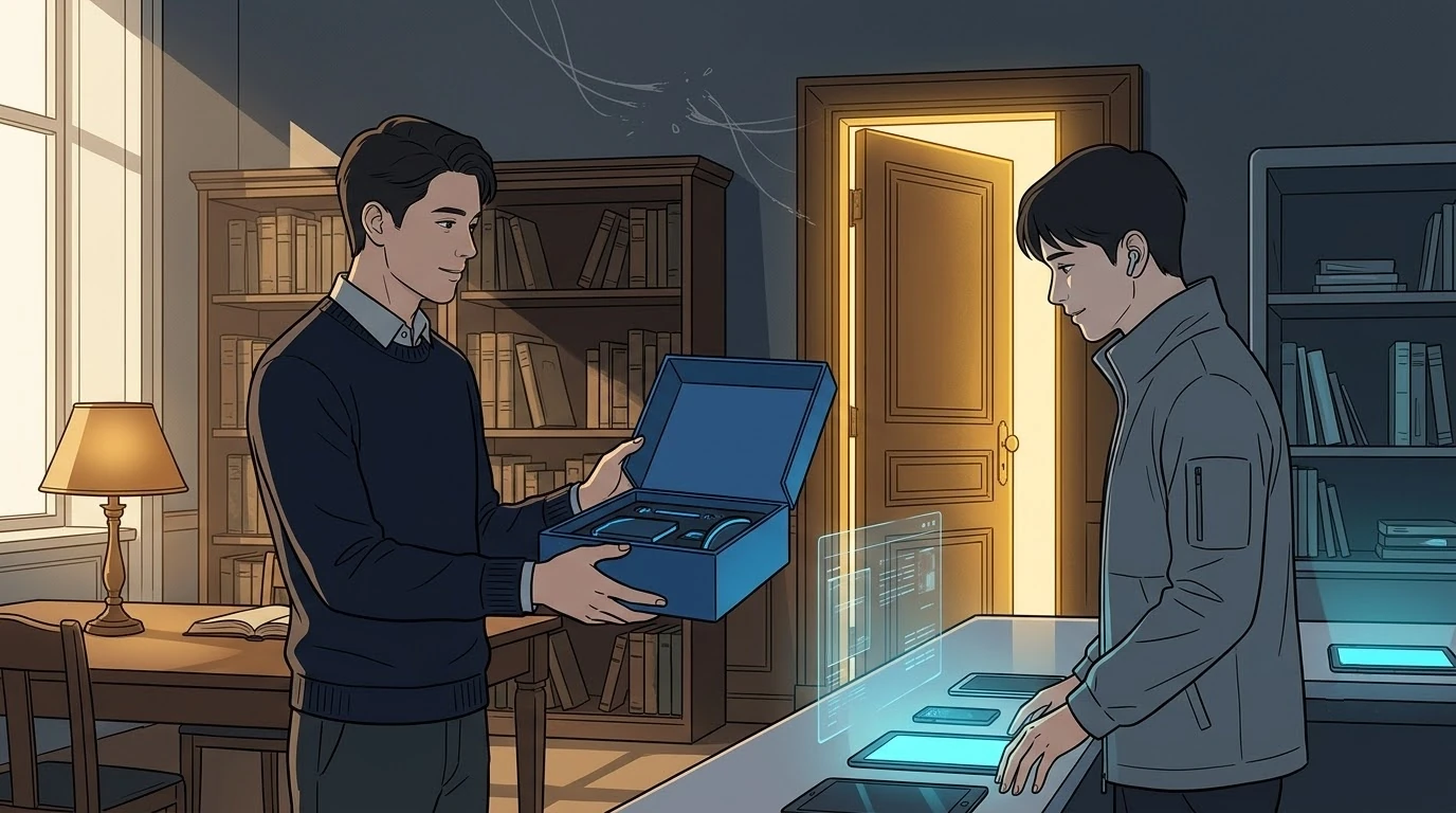 도서관에서 뉴질랜드 학생과 여러 나라에서 온 학생이 열린 장비 상자를 내밉니다.